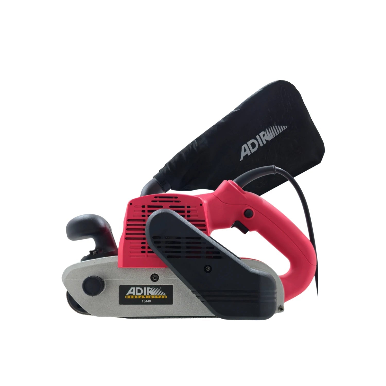 Lijadora de banda eléctrica Adir 1200W potente, rojo/gris con bolsa recolectora de polvo para lijado de madera