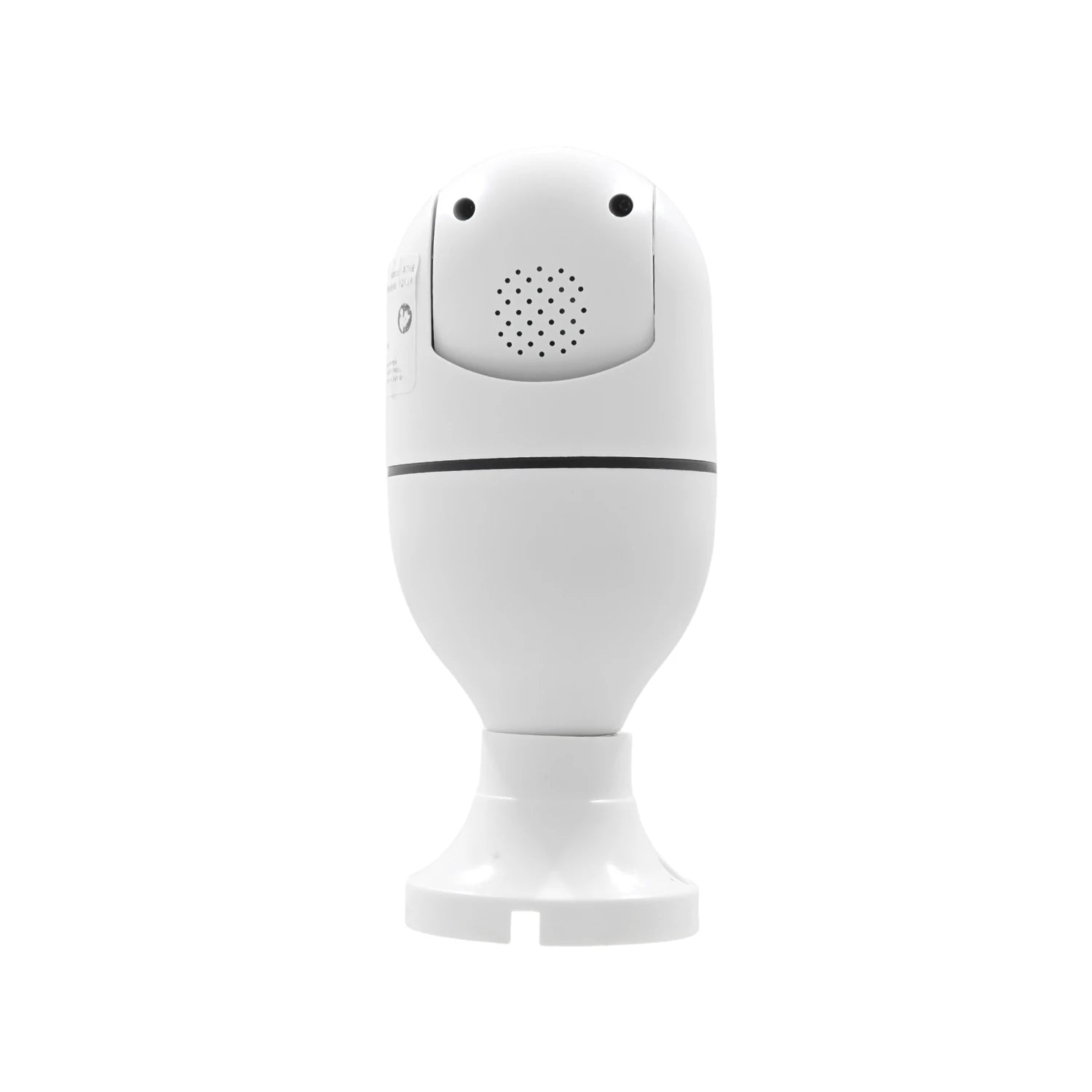 Cámara de seguridad WIFI blanca 360° vista trasera, con altavoz y base de montaje para vigilancia.