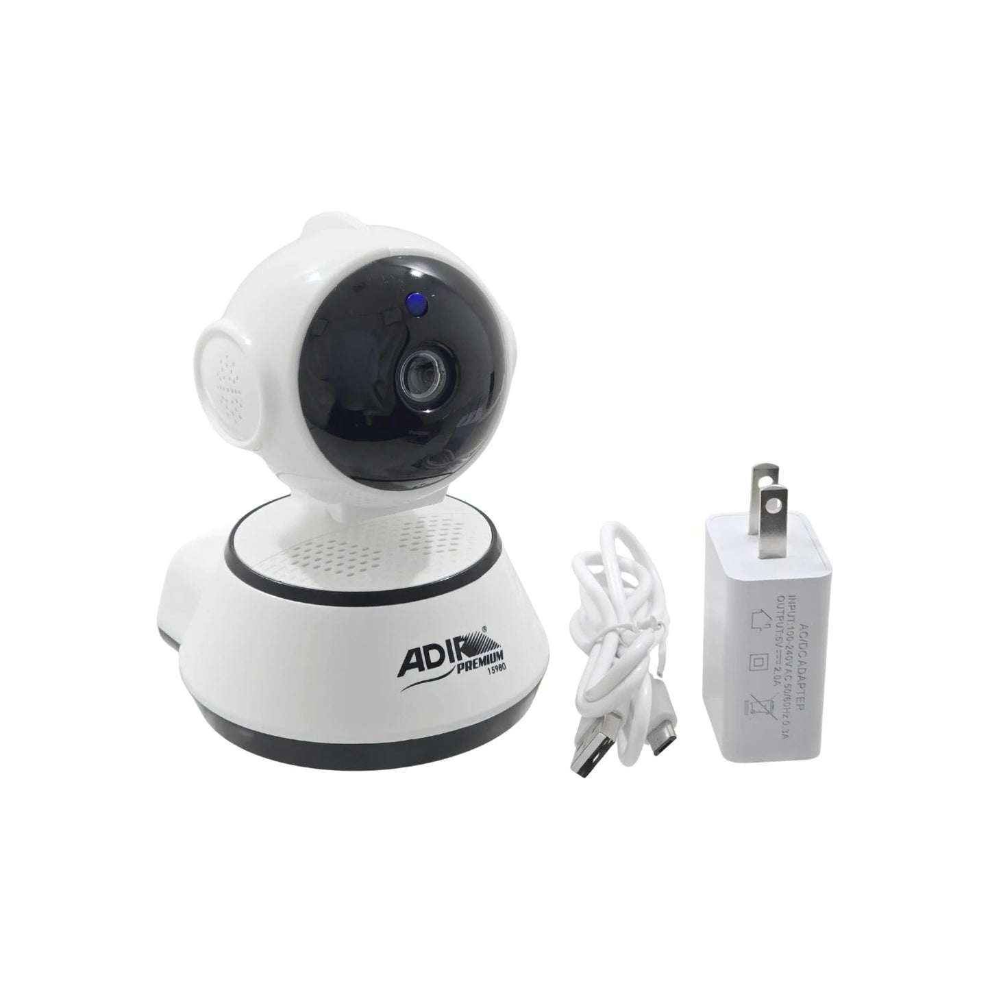 Cámara de seguridad IP Adir 15980 blanca para vigilancia de interiores, incluye cargador y cable USB.