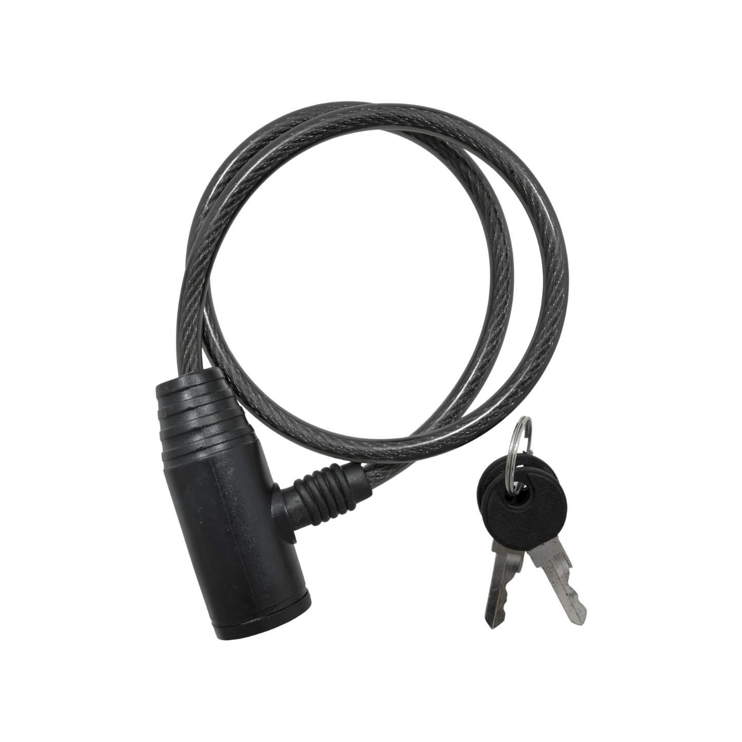 Candado de bicicleta con cable de acero trenzado gris y cerradura negra; incluye dos llaves para seguridad antirrobo.