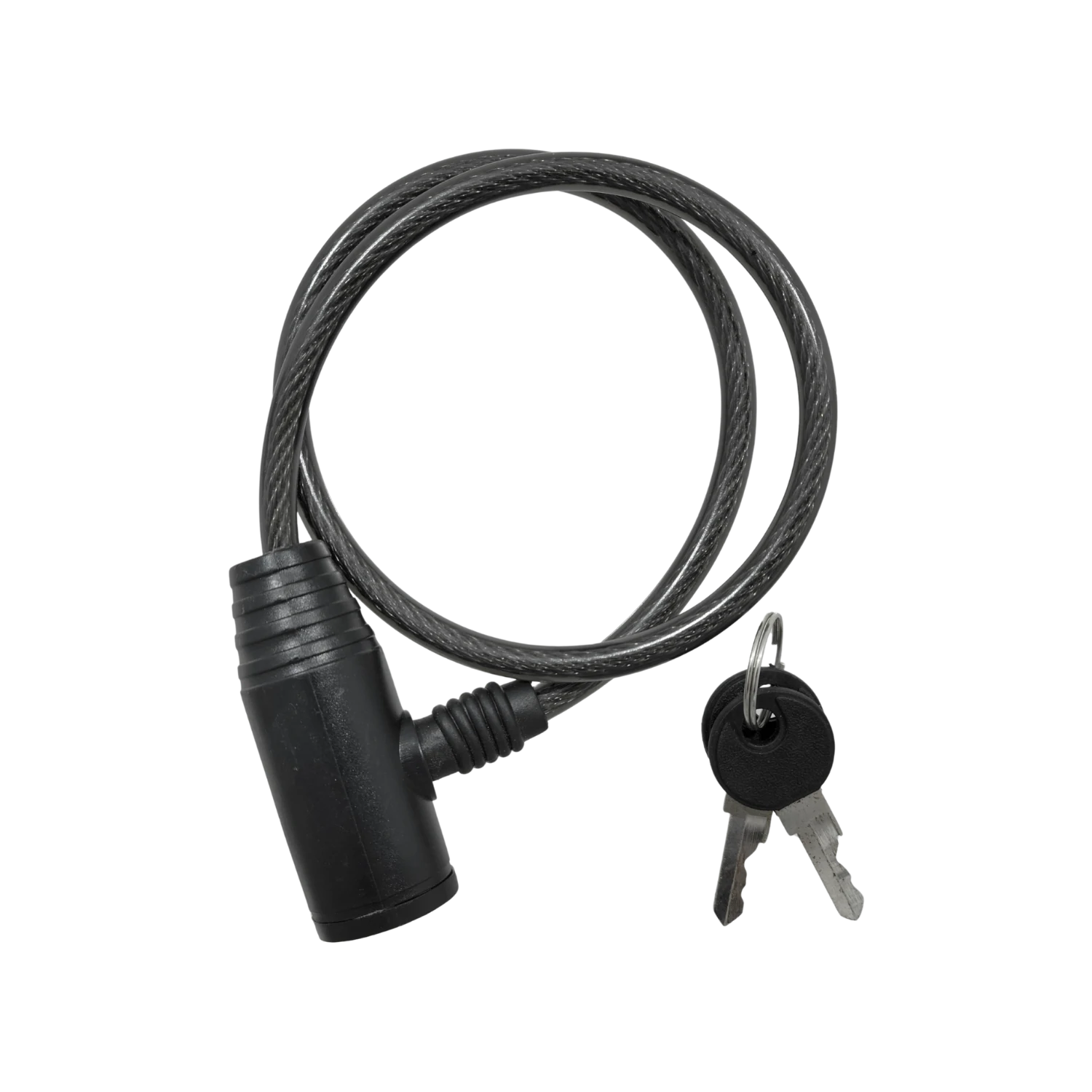 Candado de bicicleta con cable de acero trenzado gris y cerradura negra; incluye dos llaves para seguridad antirrobo.