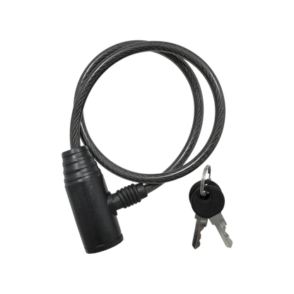 Candado de bicicleta con cable de acero trenzado gris y cerradura negra; incluye dos llaves para seguridad antirrobo.