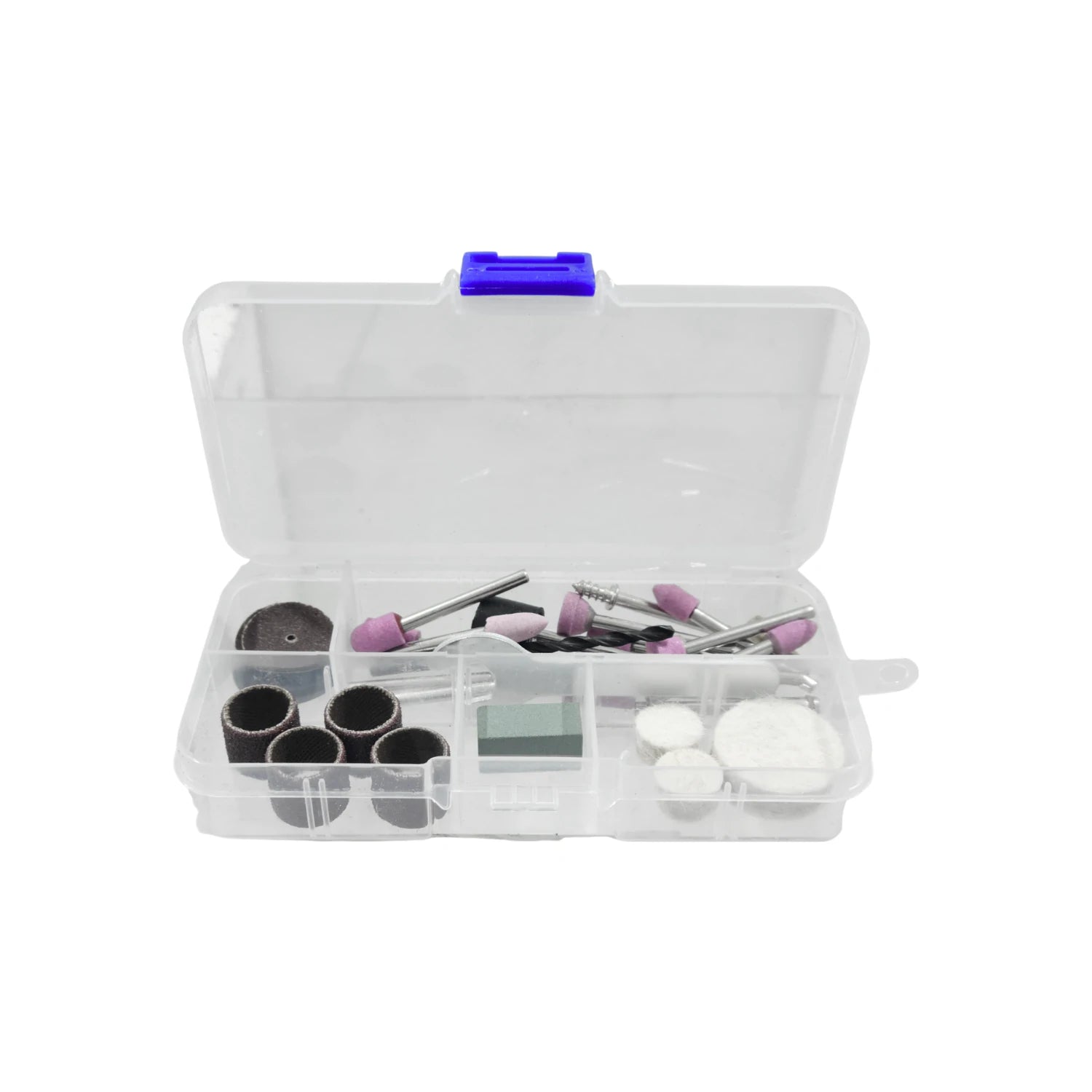 Set de 37 accesorios para mototool: lijas, discos de corte, pulidores y puntas de esmerilado en caja.