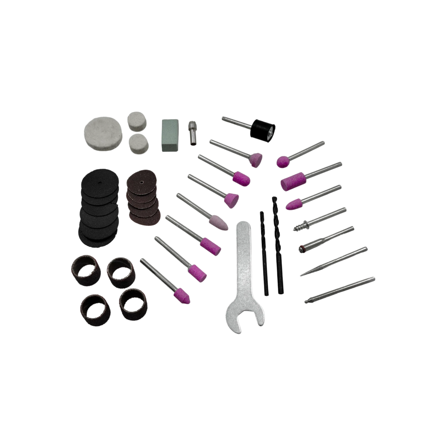 Kit 37 accesorios mototool para lijar, pulir, cortar y grabar: discos, piedras rosas, brocas, puntas, mandriles