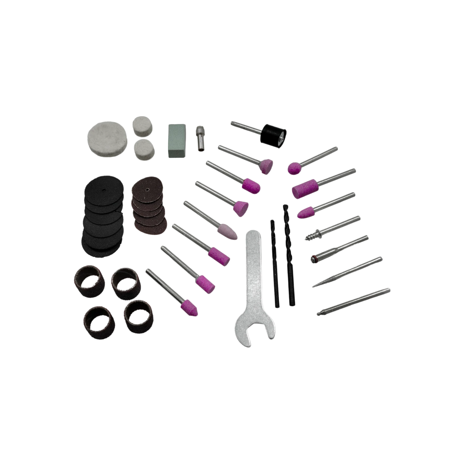 Kit 37 accesorios mototool para lijar, pulir, cortar y grabar: discos, piedras rosas, brocas, puntas, mandriles