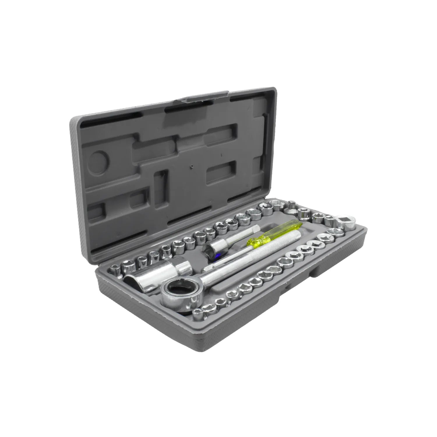 Juego de dados autocle de 40 piezas con matraca, extensiones y sockets en estuche gris.