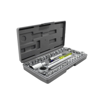 Juego de dados autocle de 40 piezas con matraca, extensiones y sockets en estuche gris.