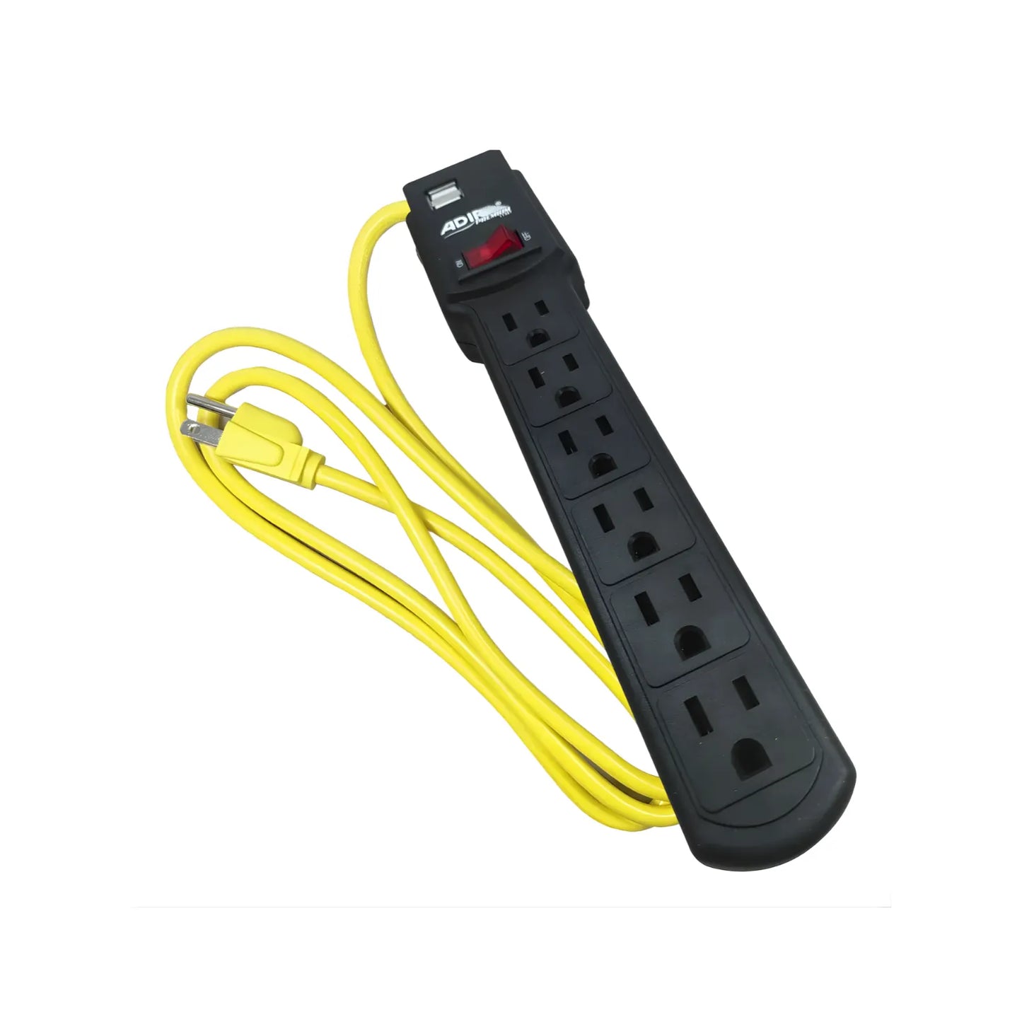 Multicontacto Adir negro con 6 tomas de corriente, 2 puertos USB y cable de extensión amarillo.