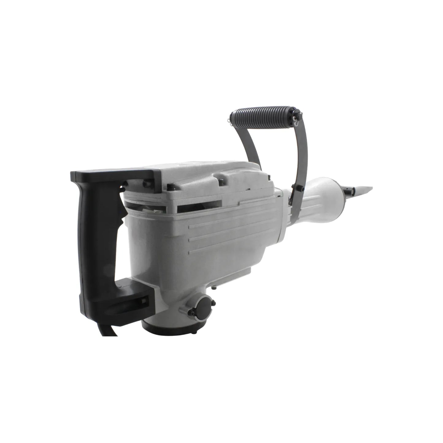 Martillo demoledor eléctrico gris con mango auxiliar y cincel para demolición de concreto y obras.
