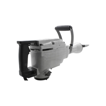 Martillo demoledor eléctrico gris con mango auxiliar y cincel para demolición de concreto y obras.