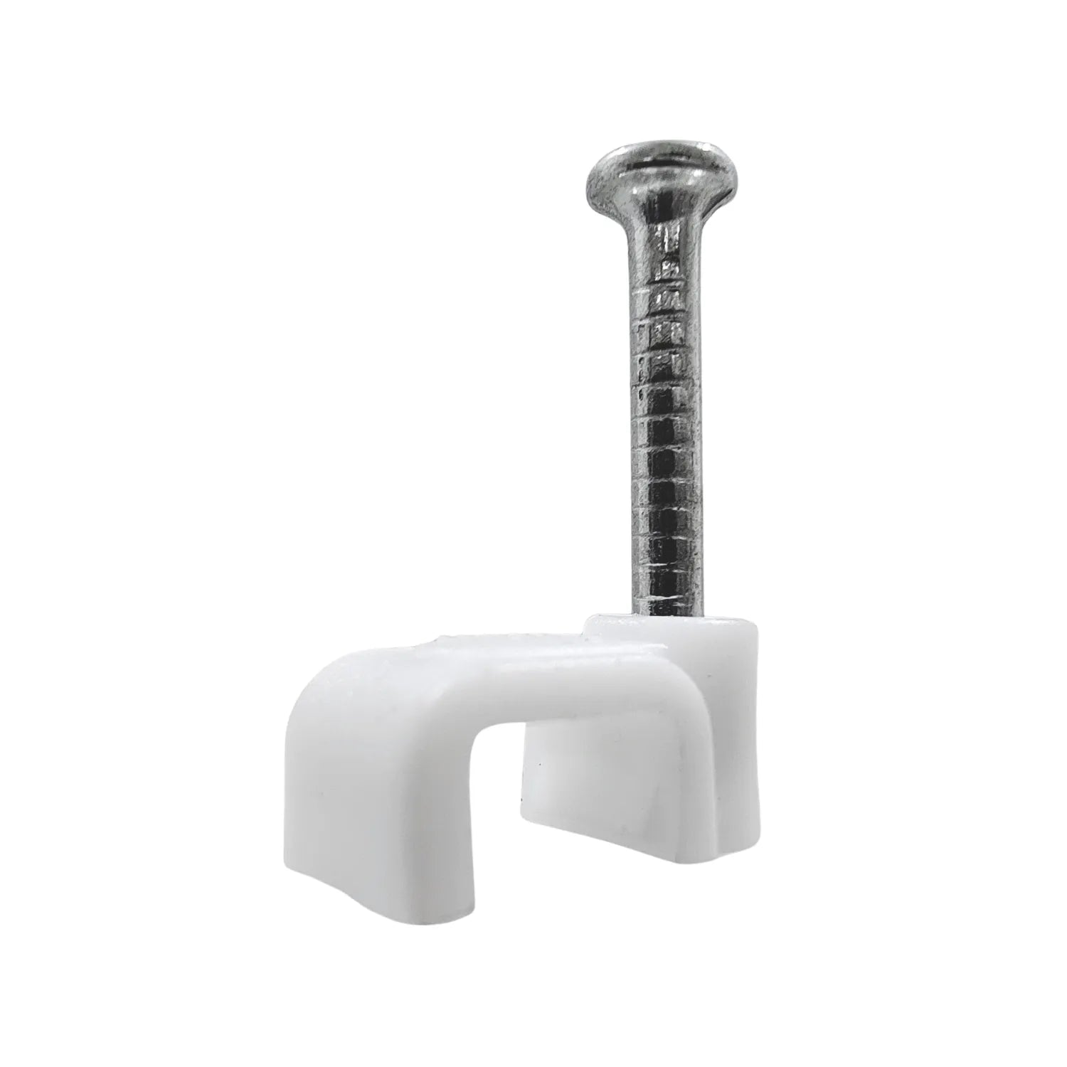 Grapa recta 6mm con clavo de acero, blanca, para fijar y organizar cables eléctricos