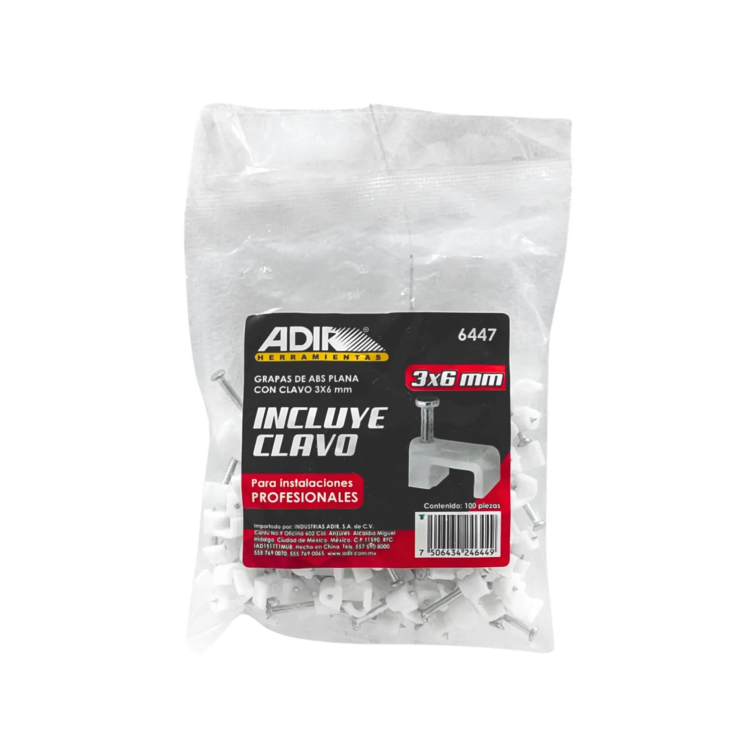 Grapas planas para cable Adir blancas con clavo 3x6mm, bolsa de 100 piezas para instalaciones profesionales.