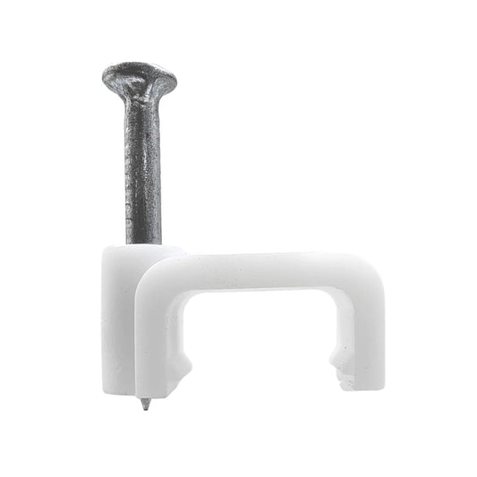 Grapa para cable blanca con clavo de acero para fijación de cables eléctricos y datos en pared.
