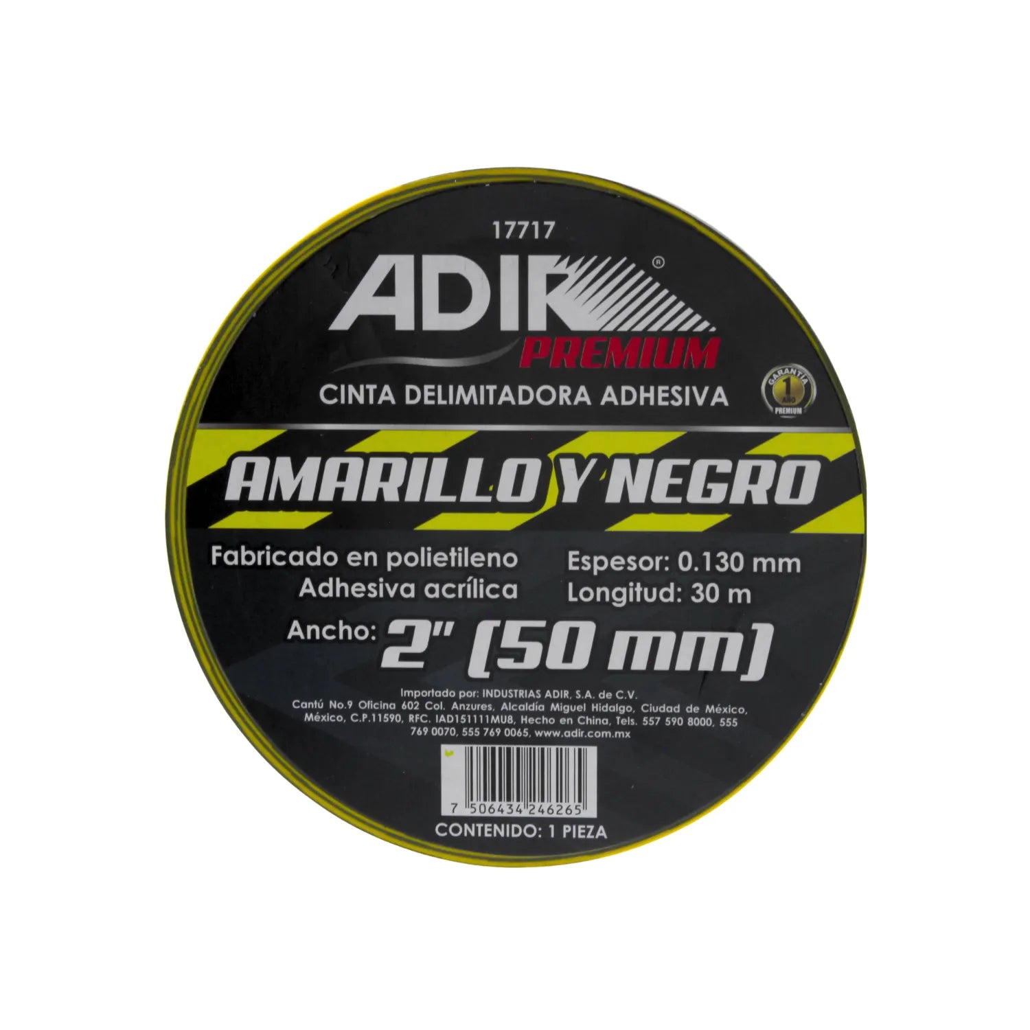 Cinta delimitadora adhesiva Adir 17717 amarilla y negra 50mm x 30m, polietileno, para seguridad