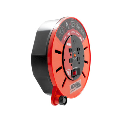 Carrete de extensión Adir Premium rojo/negro, cable de 5m, 4 tomas de corriente, interruptor y protección sobrecarga.