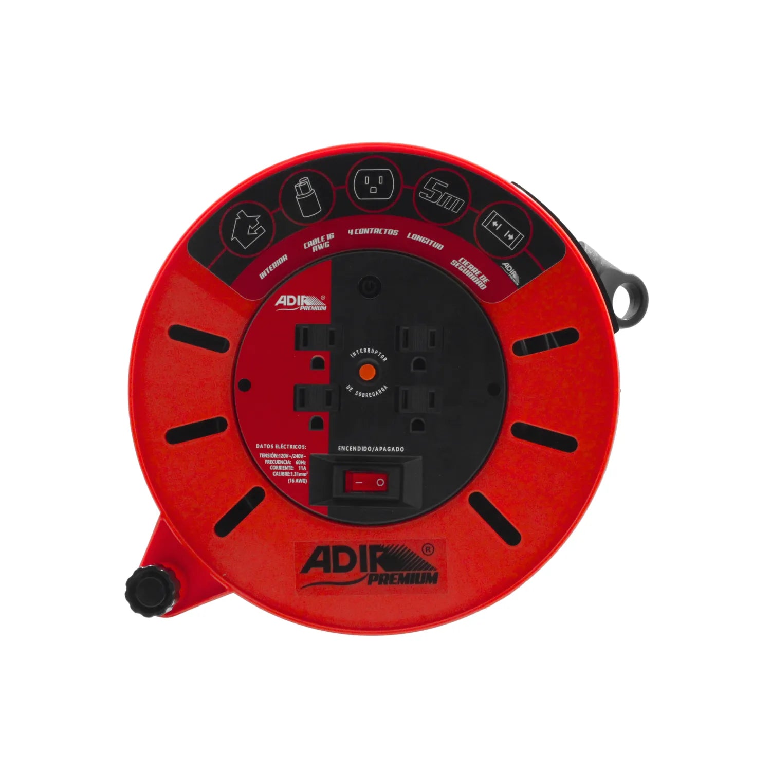 Carrete de extensión eléctrico Adir Premium rojo 5m, 4 contactos, interruptor de seguridad y protección sobrecarga.