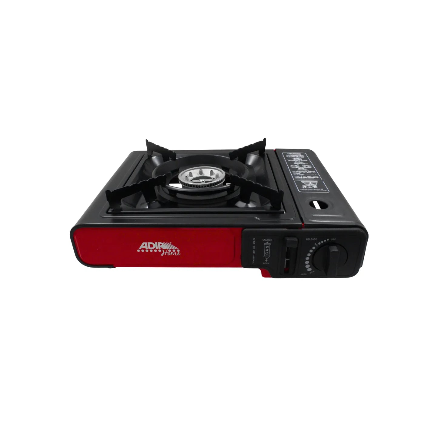 Estufa de gas portátil ADIR Home negra y roja, quemador único, para camping y uso exterior con control de llama.