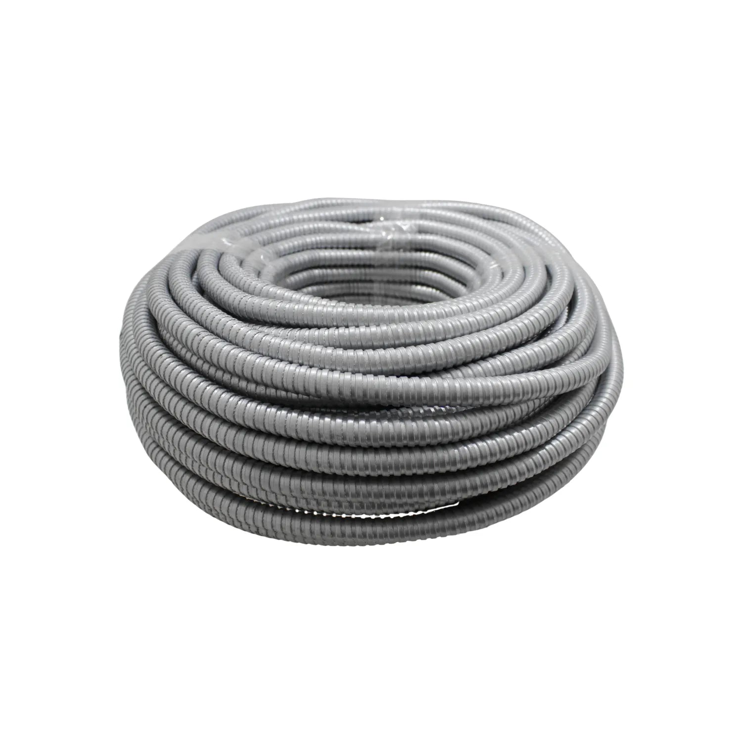 Rollo de conducto flexible metálico gris, ideal para protección de cables eléctricos en instalaciones y canalizaciones
