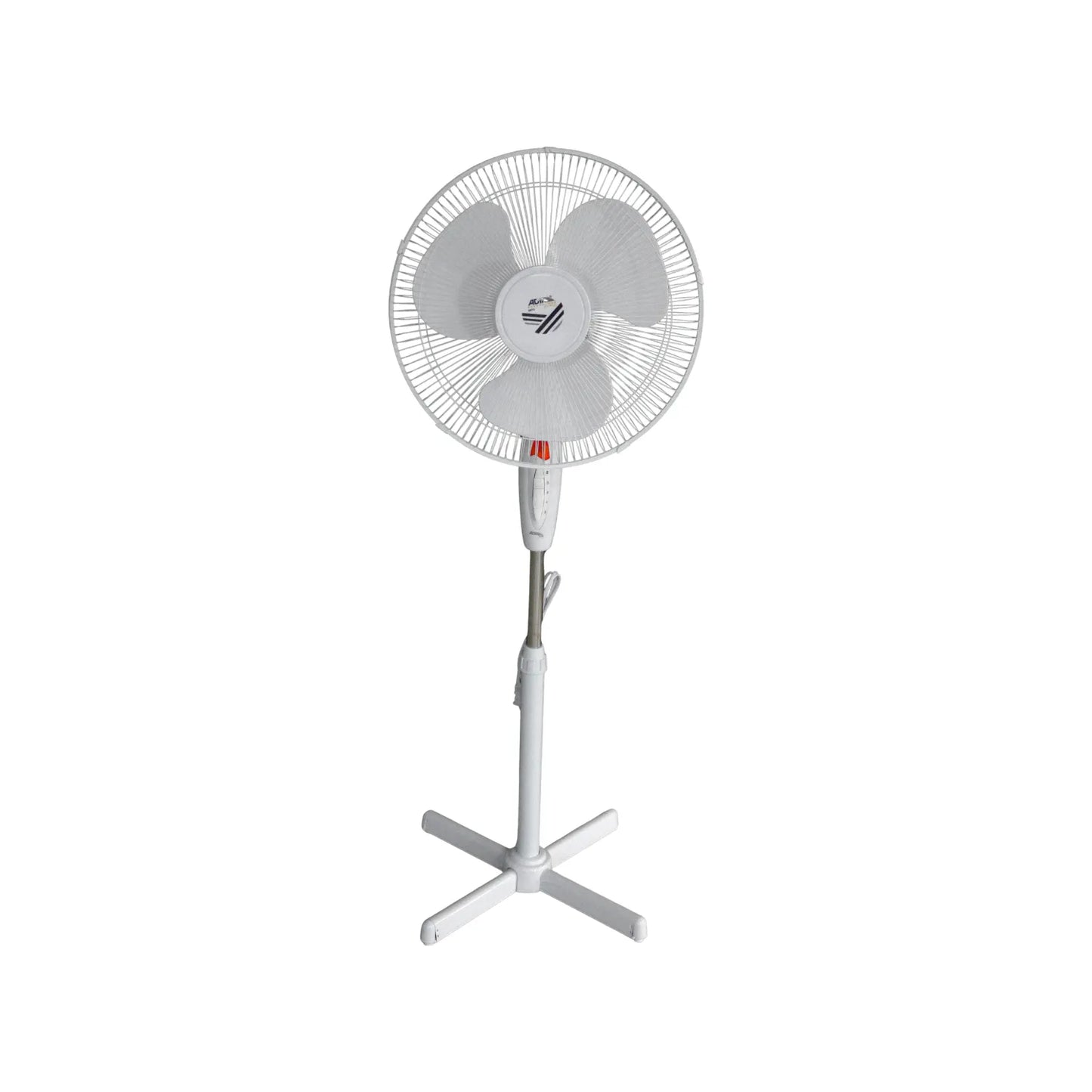 Ventilador de pedestal blanco con 3 aspas, base de cruz y altura ajustable para ventilación de espacios interiores