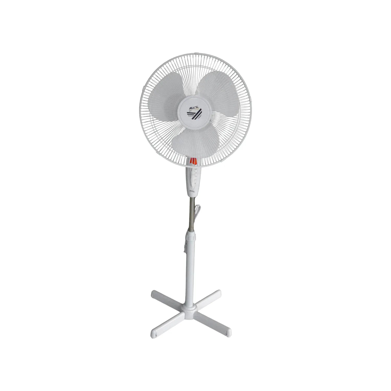 Ventilador de pedestal blanco con 3 aspas, base de cruz y altura ajustable para ventilación de espacios interiores