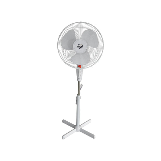 Ventilador de pedestal blanco con 3 aspas, base de cruz y altura ajustable para ventilación de espacios interiores