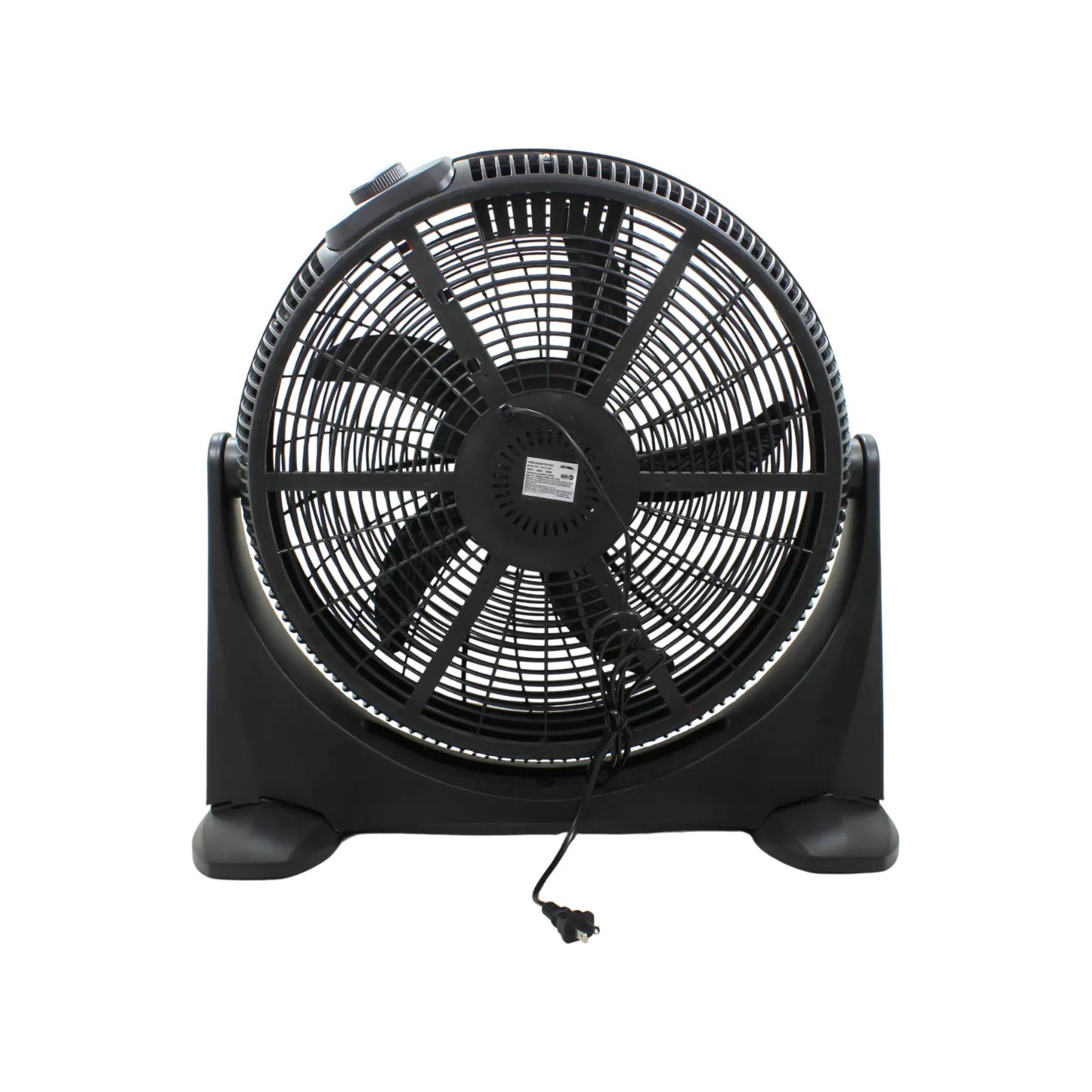 Ventilador de piso industrial color negro con rejilla de seguridad y base estable para ventilación de talleres o espacios