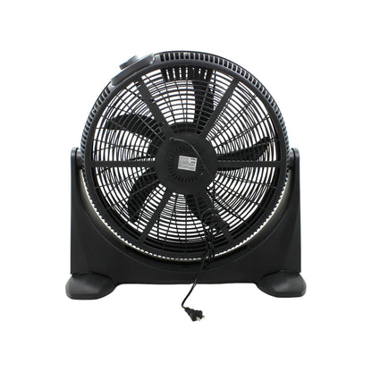 Ventilador de piso industrial color negro con rejilla de seguridad y base estable para ventilación de talleres o espacios