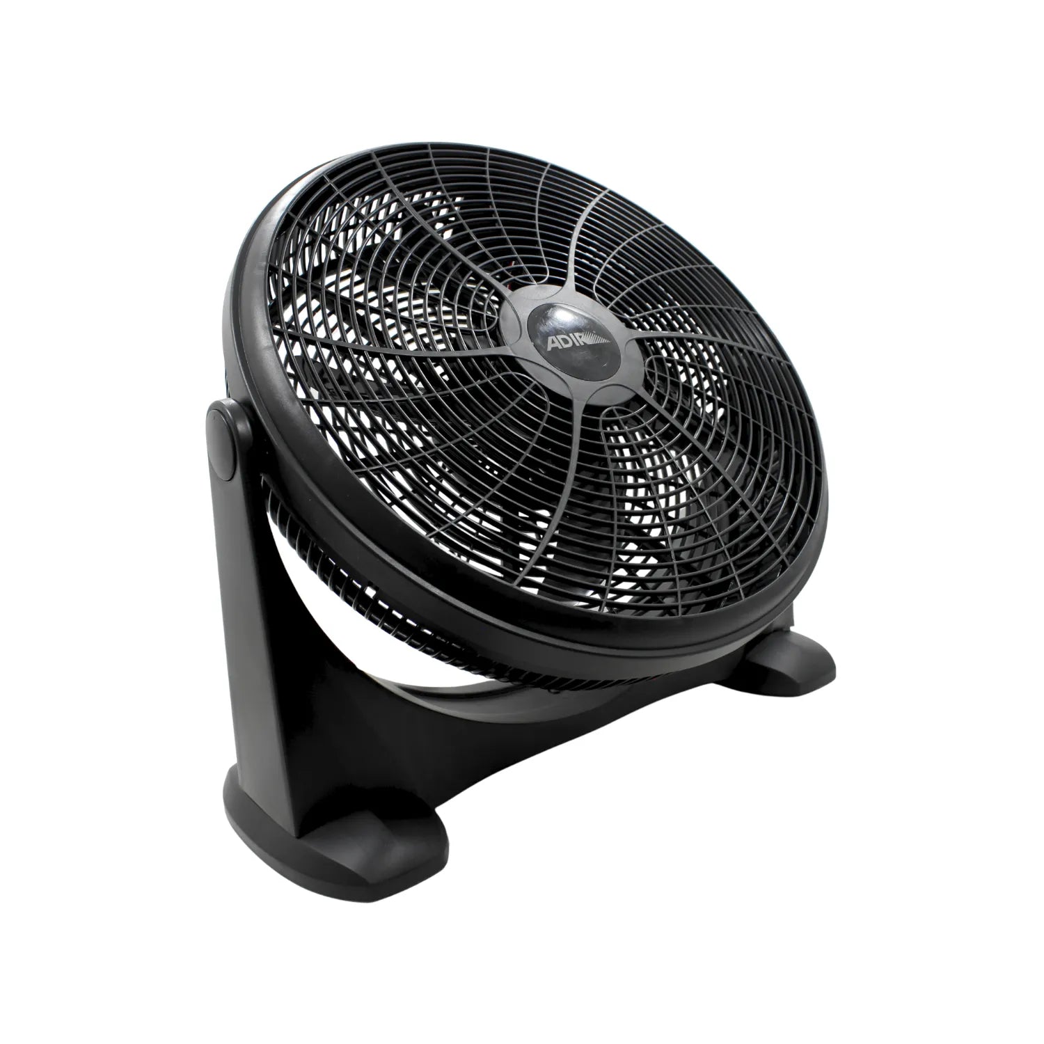 Ventilador de piso Adir color negro con diseño de rejilla circular y base inclinable para ventilación de hogar u oficina
