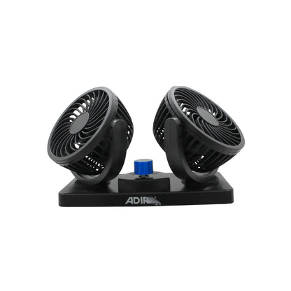 Ventilador doble para auto marca Adir con base giratoria y perilla de control de velocidad color negro