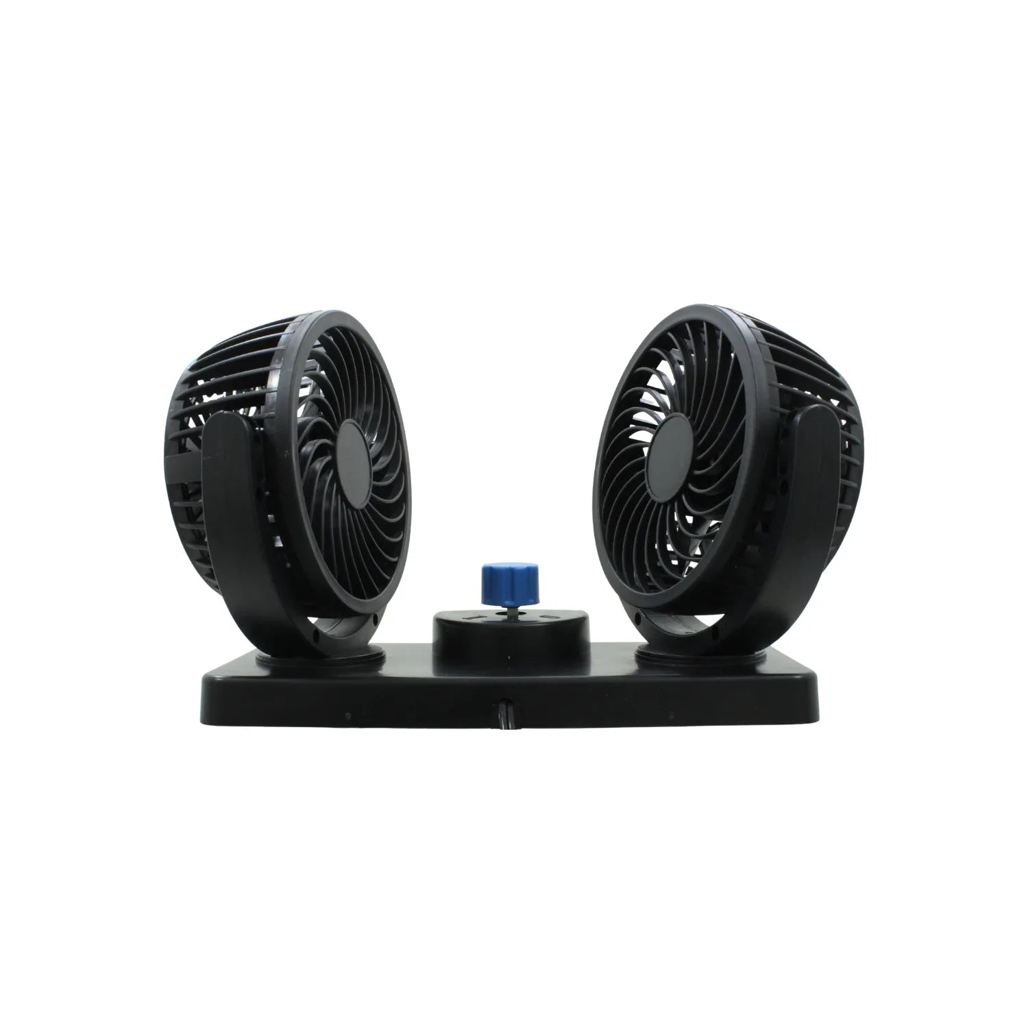 Ventilador automotriz doble de 12V con base ajustable y selector de velocidad para tablero de vehículo en color negro