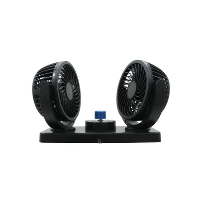 Ventilador automotriz doble de 12V con base ajustable y selector de velocidad para tablero de vehículo en color negro