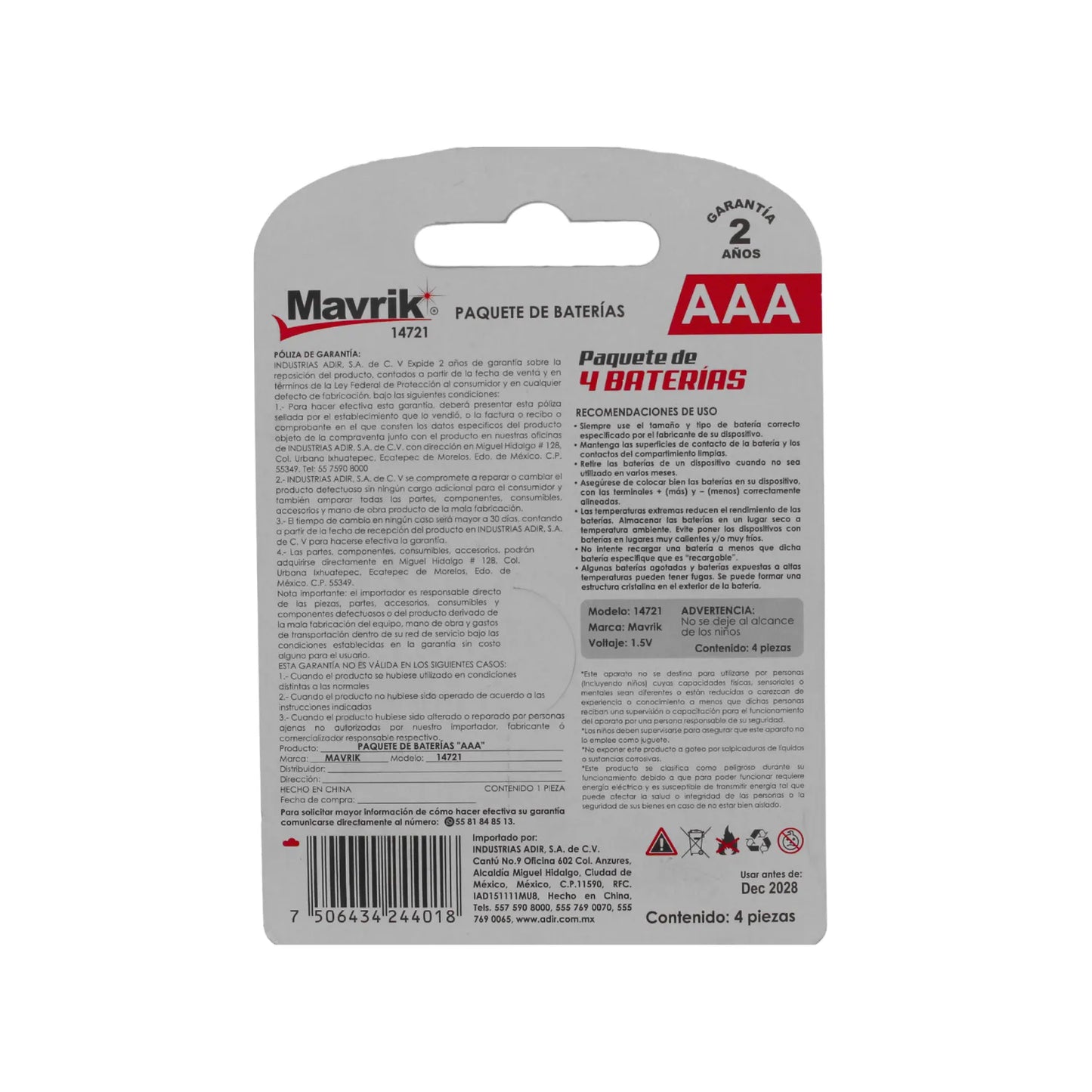 Paquete de 4 baterías AAA Mavrik de 1.5V modelo 14721, reverso de empaque con especificaciones y garantía.