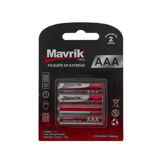 Paquete de 4 baterías AAA Mavrik de 1.5V de carbón zinc para uso general en el hogar