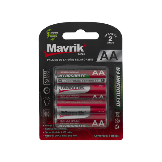 Baterías recargables AA Mavrik 1.2V 1300 mAh paquete de 4 piezas Ni-MH con 1000 ciclos de carga