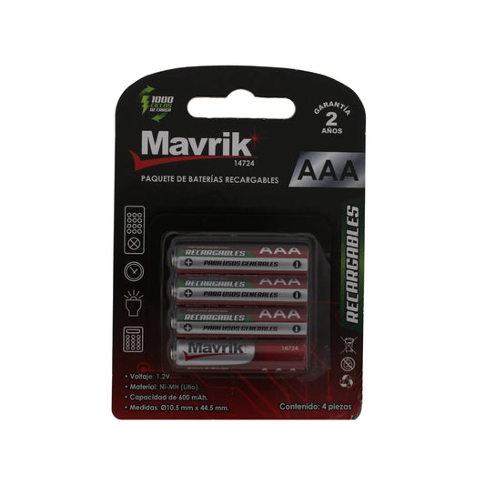 Paquete de 4 pilas recargables AAA Mavrik Ni-MH 1.2V 600mAh para dispositivos electrónicos de uso general