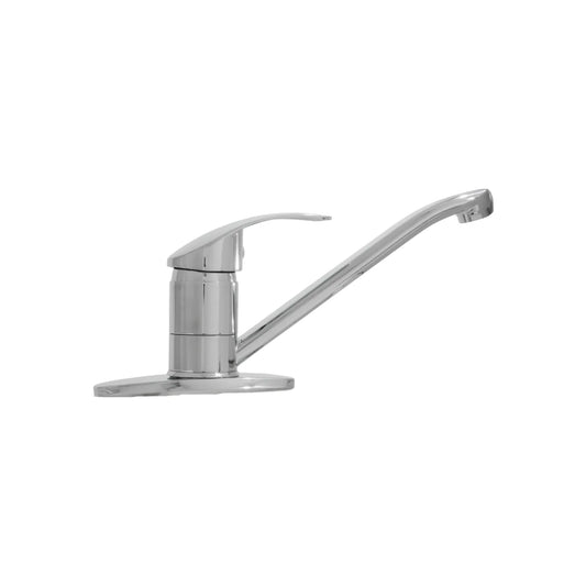 Grifo monomando para fregadero de cocina con acabado cromado y caño largo inclinado con placa base