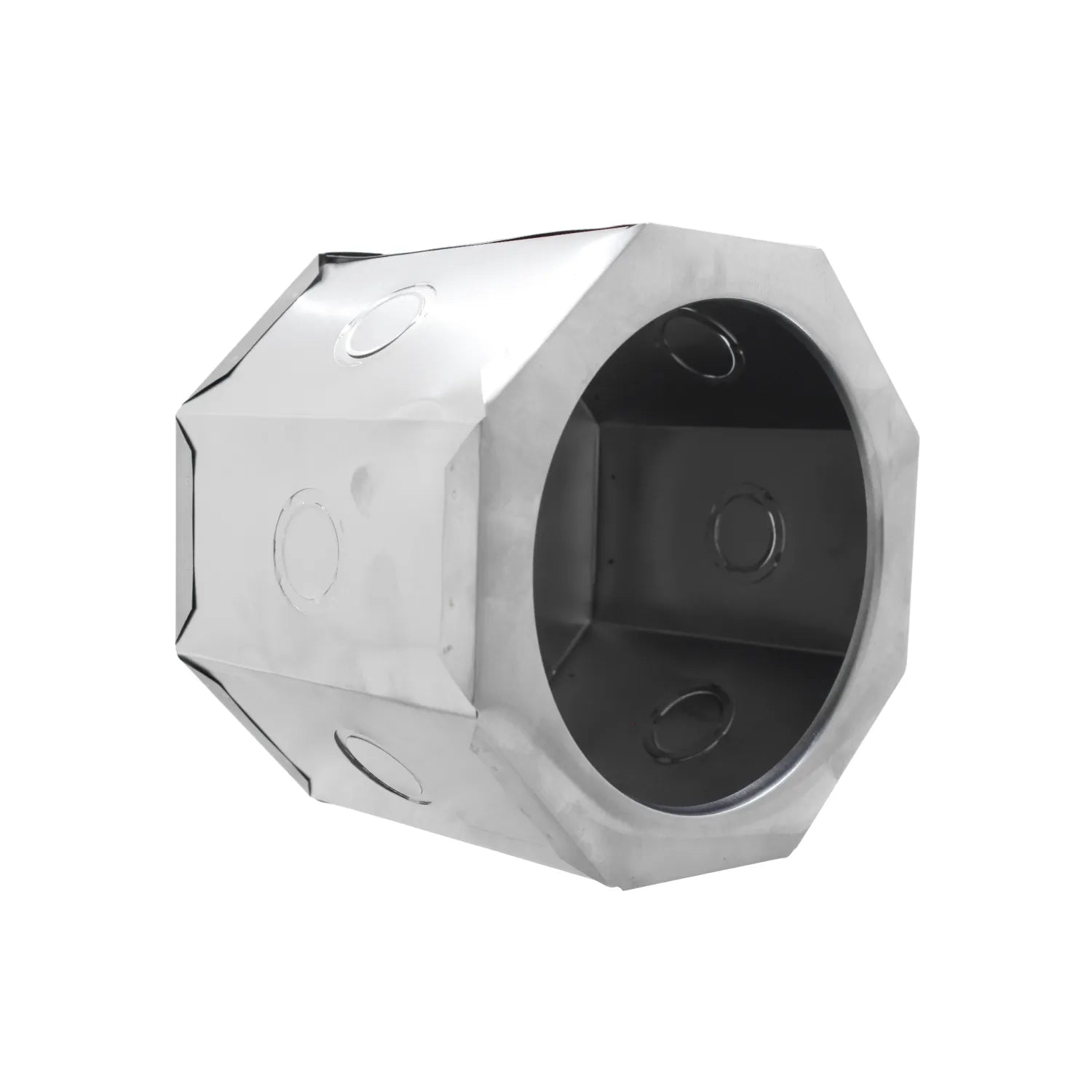Caja octagonal metálica profunda de acero galvanizado para instalaciones eléctricas con orificios removibles.