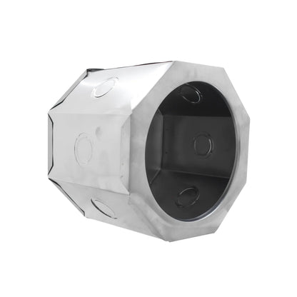 Caja octagonal metálica profunda de acero galvanizado para instalaciones eléctricas con orificios removibles.