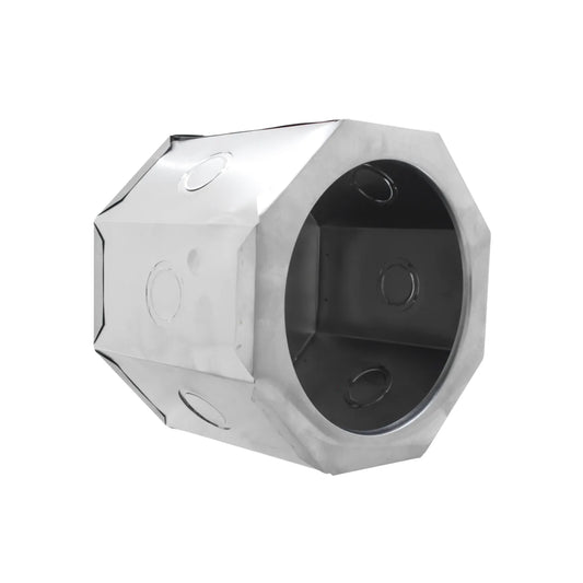 Caja octagonal metálica profunda de acero galvanizado para instalaciones eléctricas con orificios removibles.