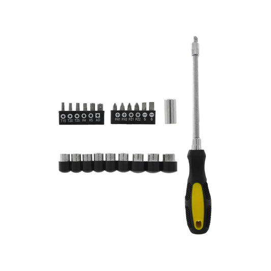 Juego de destornillador con extensión flexible, 12 puntas surtidas y 9 dados, mango ergonómico negro y amarillo.