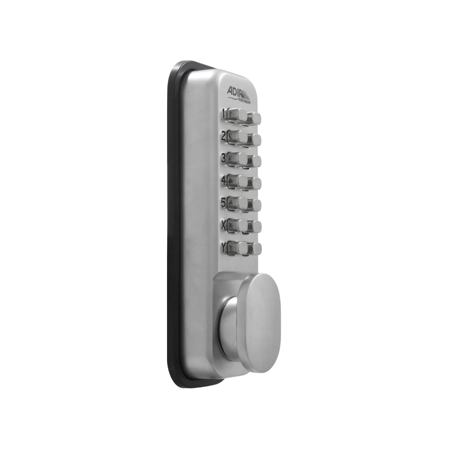 Cerradura mecánica Adir plateada con teclado numérico de botones y pomo circular para seguridad en puertas.