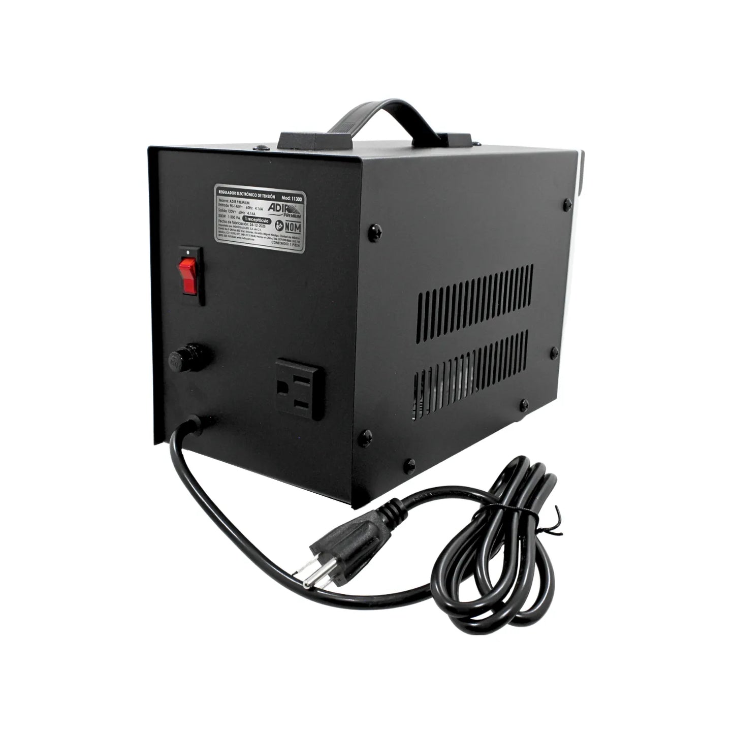 Regulador de voltaje ADIR PREMIUM 1000VA 500W negro con asa y switch para protección de equipos electrónicos