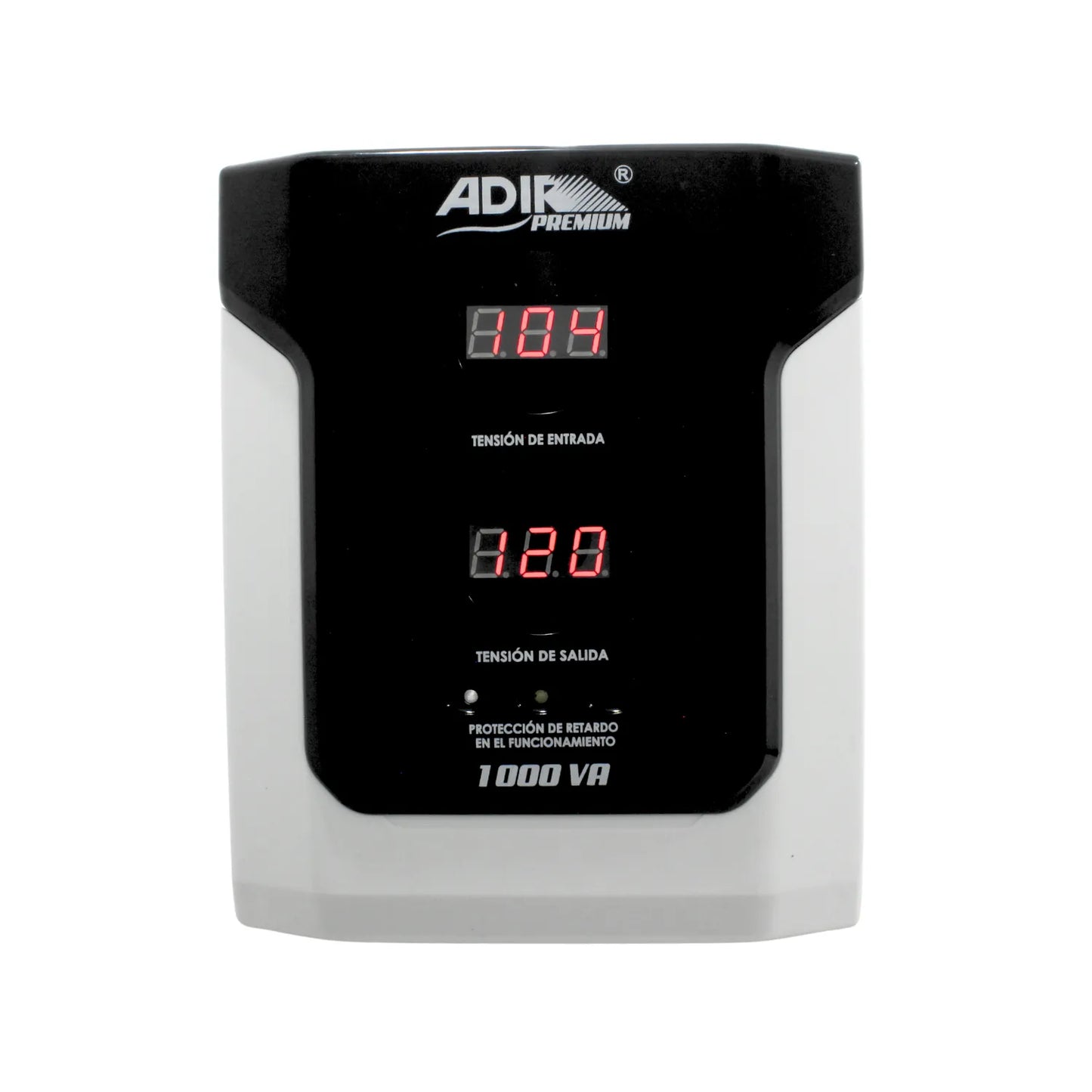 Regulador de voltaje Adir Premium 1000 VA con doble pantalla digital de tensión entrada y salida blanco y negro.