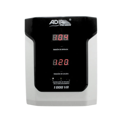 Regulador de voltaje Adir Premium 1000 VA con doble pantalla digital de tensión entrada y salida blanco y negro.