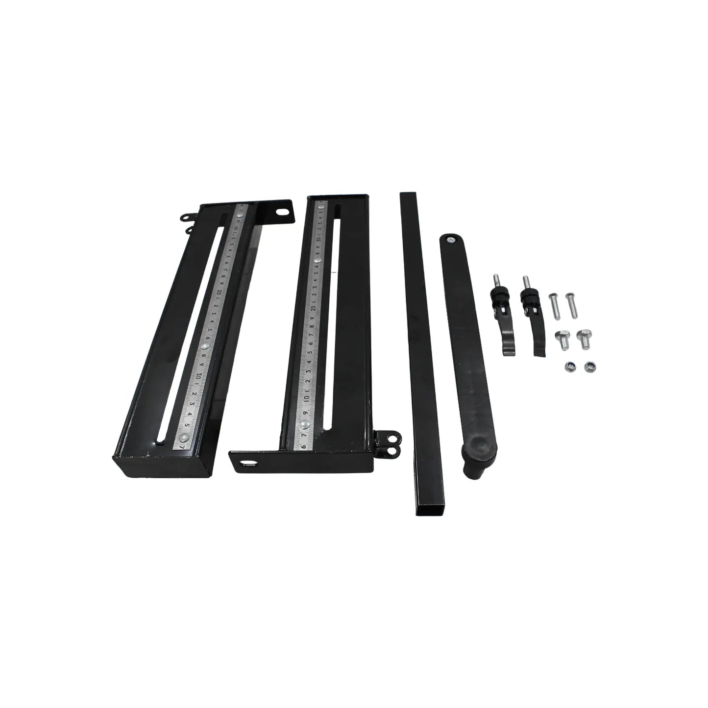 Kit de soportes metálicos negros con escalas de medición, barra y tornillería de ajuste para montajes de precisión