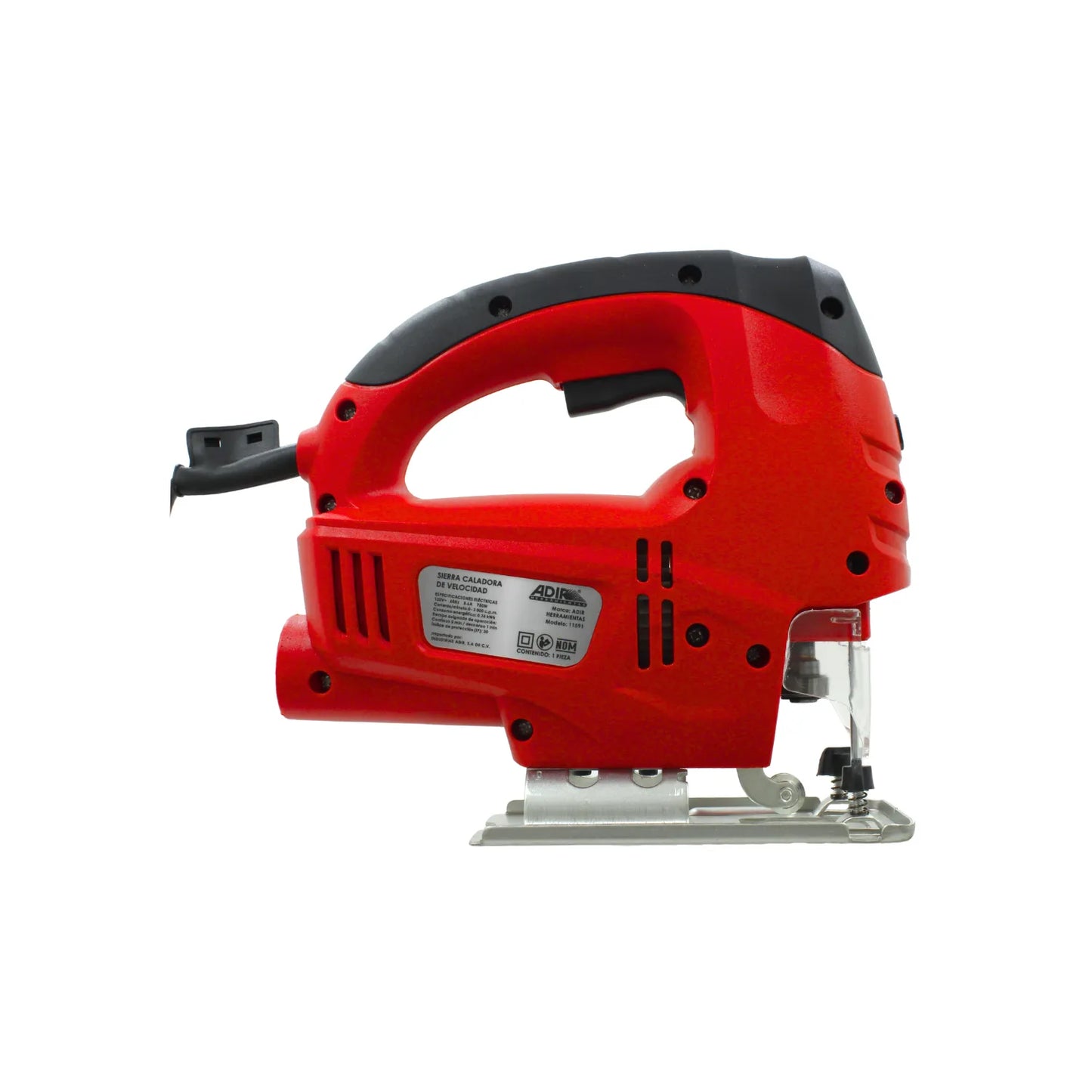 Sierra caladora ADIR de velocidad variable color rojo con mango ergonómico para trabajos de carpintería.