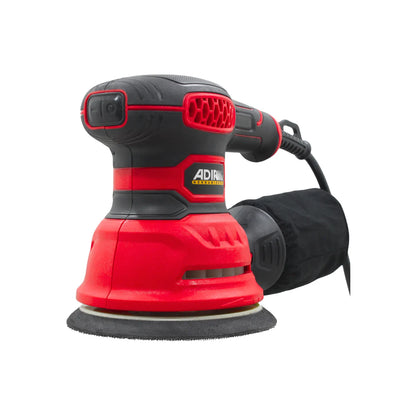 Lijadora roto orbital ADIR roja y negra con bolsa recolectora de polvo y diseño ergonómico para carpintería profesional