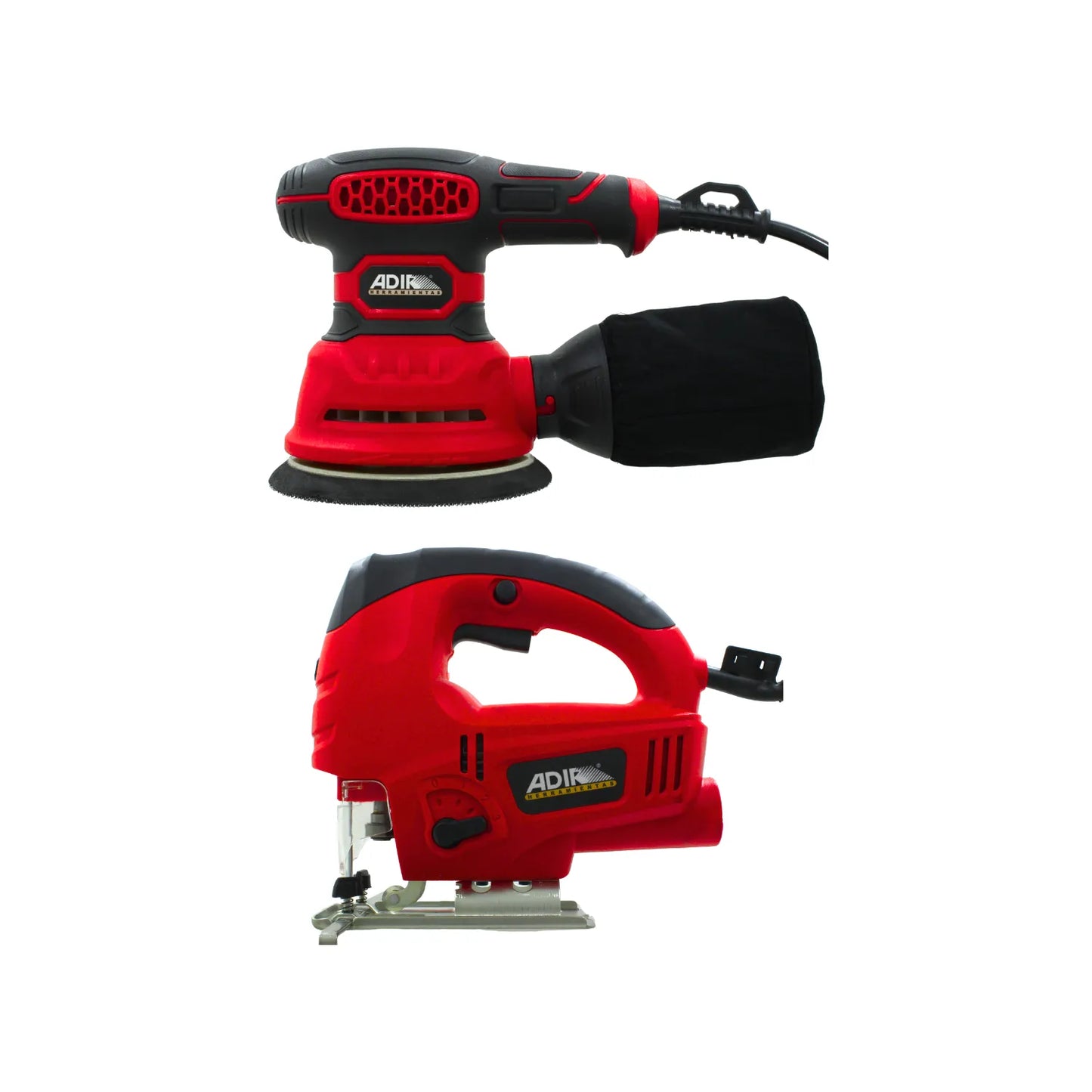 Lijadora orbital y sierra caladora ADIR rojo con negro para carpintería profesional y bricolaje doméstico.