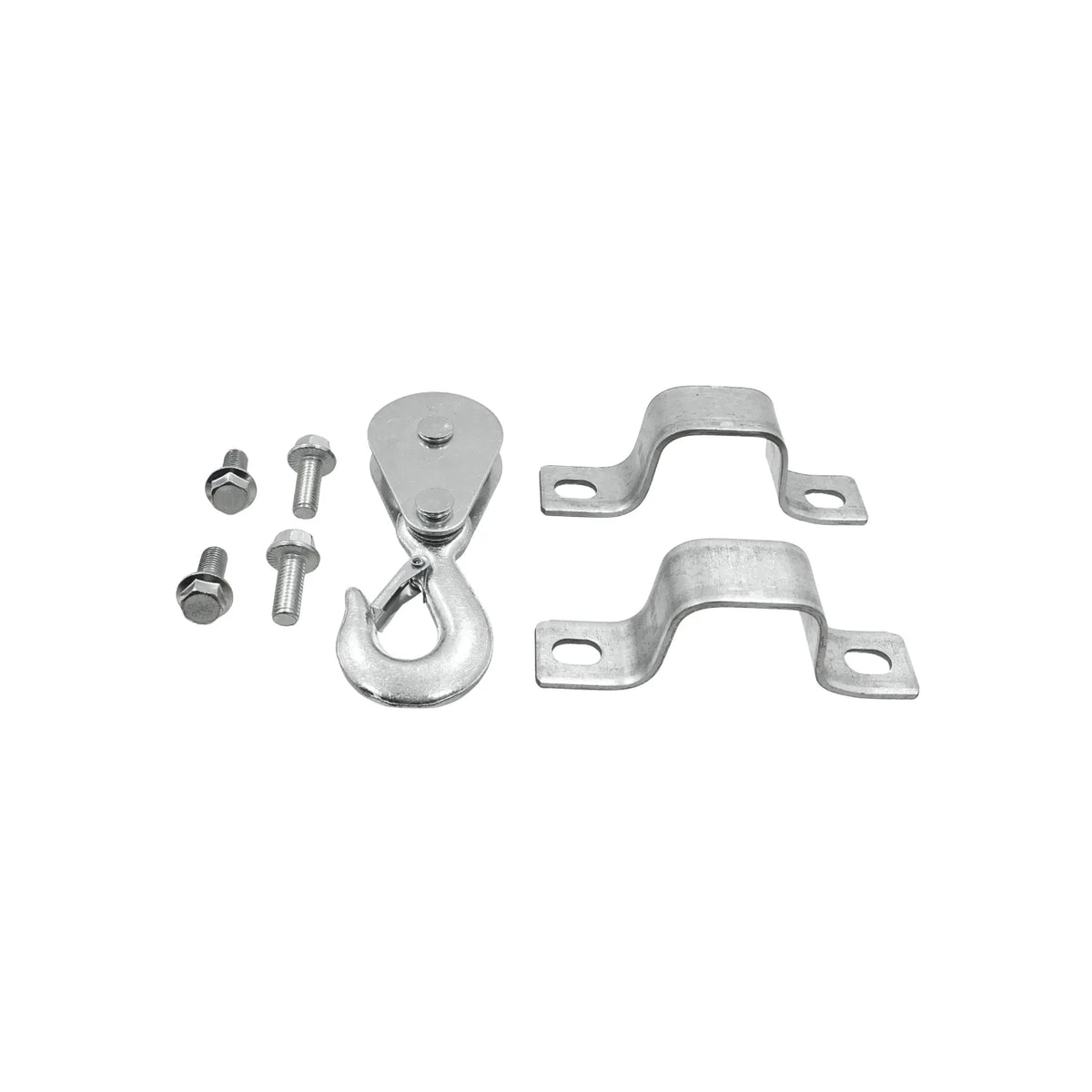 Kit de polea con gancho de seguridad, soportes de acero galvanizado y pernos hexagonales para sistemas de elevación.