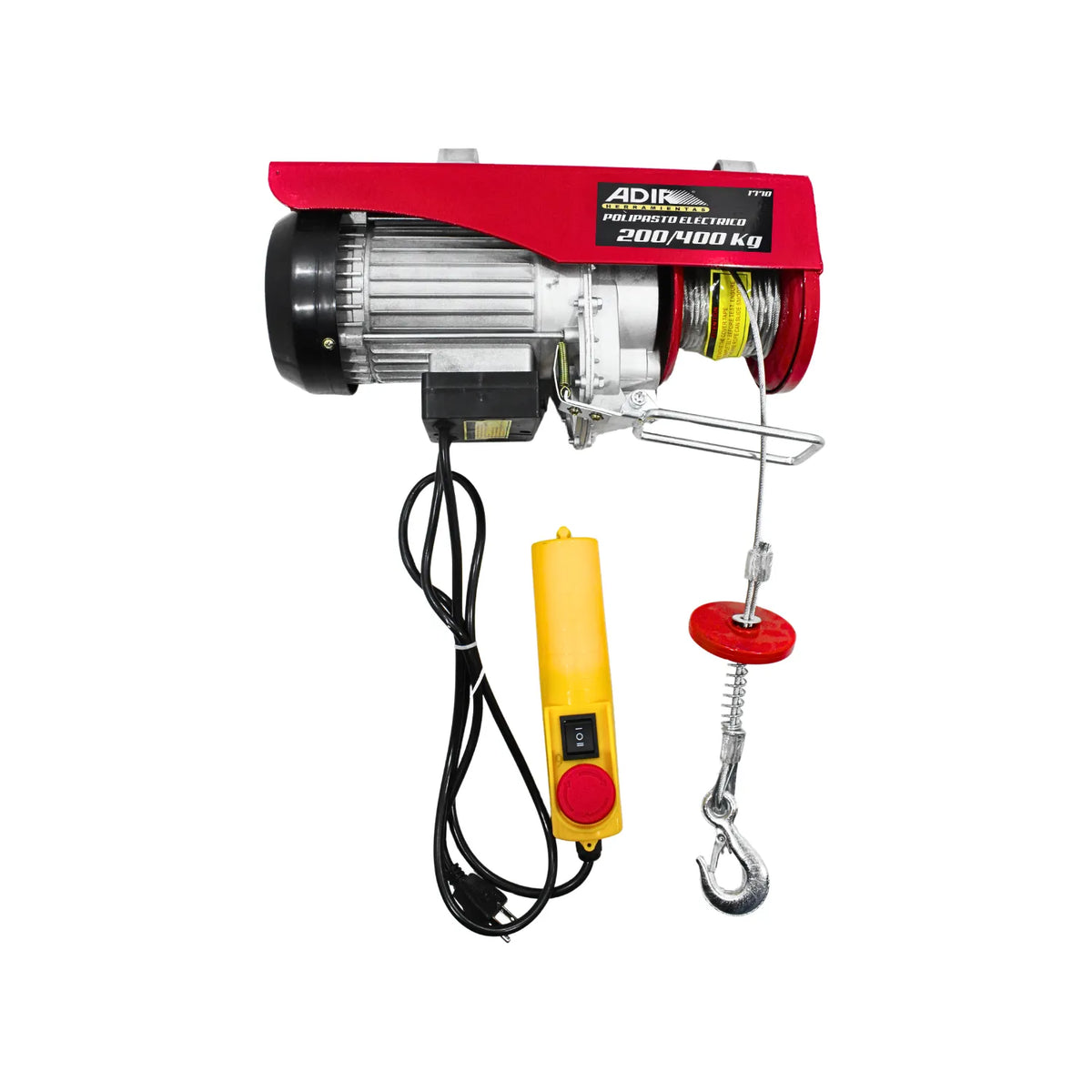 Polipasto eléctrico ADIR 200/400 Kg con control de mando amarillo y gancho de acero para elevación industrial.